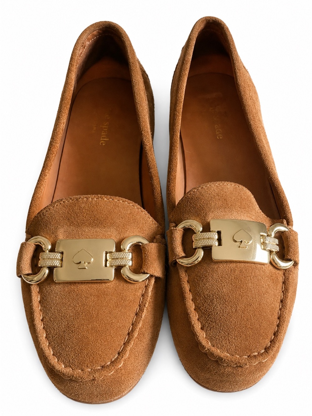 Kate Spade Carson Brown Suede Loafers Gold Spade Hardware